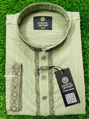 Olive green popcorn fabric panjabi for men with modern elegant style